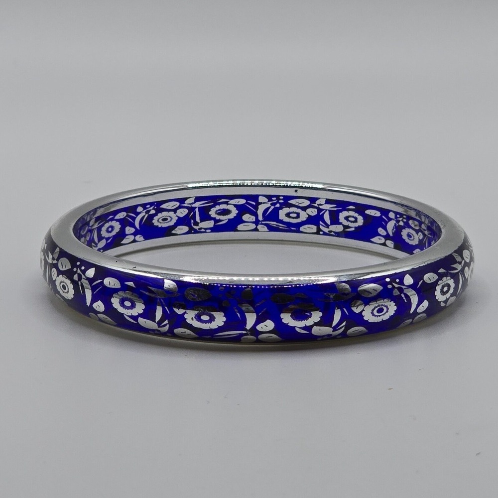 Silver‎ Blue Floral Bangle Bracelet Boho Statement Jewelry